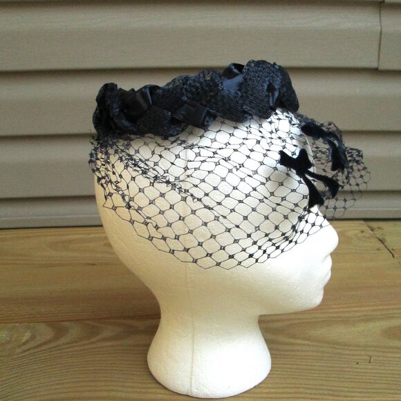 Vtg Fascinator Hat w/Intact Netting Navy Blue 1950's-60's - Picture 4 of 6